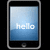 Three smartphone-shaped frames display sequential text: 'hello', 'moto', and a smiley face on blue backgrounds.