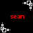 Pixelated red text 'sean' appears between white geometric shapes on a black background, with multiple shape variations visible.