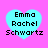 Four cyan heart-shaped icons with black text "Emma Rachel Schwartz" on a pink background, arranged in a