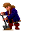 Pixel art animation of a bearded man in blue coat and red boots digging with a shovel, showing three sequential poses against gray background.