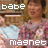 Pixelated image of a person in a pink and white patterned top holding light blue fabric, with 'babe' text at top left and 'magnet' at bottom center.