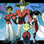 Pixelated image of three figures in red and white clothing against a blue background with green accents.