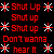 A 50x50 pixel animated buddy icon featuring red text and white starburst symbols on a black background, with visible frame-to-frame changes in text content across four sampled frames arranged in a contact sheet layout.