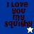 Four display "I LOVE YOU MY SQUISHY" text with star symbols; top-left blue background has white star, bottom-right light blue background has no star, bottom-left white background has blue star