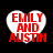Four heart-shaped icons with red text "EMILY AND AUSTIN" on white hearts against black background, each with distinct pixelation and edge blur variations.