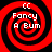Red and black spiral pattern with white text reading "CC Fancy A Bum" arranged in a circular layout.