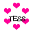 Pixelated pink hearts float over a white background with the text "TESS" in black, each heart rendered as a solid block of color.