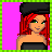 Pixel art contact sheet showing four frames of a female character with red hair, black beret, and pink-themed outfit against bright purple background.