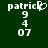 Green background with white pixelated text 'patrick' and numbers '9', '4', '07' arranged vertically, where the 'k' in 'patrick' is replaced by a heart symbol in one view.