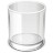 A pixelated grayscale image of a cylindrical glass with rounded top and bottom edges, viewed from above against a plain white background.