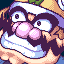 Pixel art of a character with large eyes, pink cheeks, and dark hair wearing a white hat with blue trim.