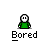 Pixelated character in green shirt with white face and black outline, standing against gray background, text "Bored" below.