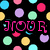 Pixelated icon with black background, colorful circles, and pink text reading 'JROU R' with a heart symbol replacing the 'O'.