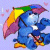 Pixelated cartoon character with blue body, rainbow-striped hat, yellow wing-like prop, and pink accents against light purple background.