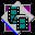 Pixelated film strip icon with teal and black frames, purple corners, blue border, and gray background in a diamond shape.