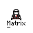 Pixelated character in dark suit with red tie and white helmet-like headpiece, displayed across multiple poses beneath 'Matrix' text.