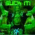 Green pixelated icon with stylized text at top, dark central shape resembling a face or mask, and blue light effect near bottom.