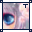 Pixelated close-up of a cat's face with blue eyes, showing six distinct frames where the head position and top-right symbol change while text labels shift across positions.