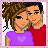 Pixelated cartoon couple in three animated frames with heart symbols and text below, displayed on a light pink background.