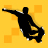 Black silhouette of a person performing a trick on a skateboard against a yellow background with orange squares.