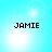 Pixelated text 'JAMIE' on a light blue background with shifting white circular highlights.