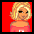 Pixelated character with blonde hair and pink top, holding a black handbag against red background.