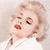 Pixelated close-up of a person with light brown hair styled in waves, wearing red lipstick and a white garment, against a light background.