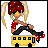 Pixel art animation of a character with red hair in pigtails riding a yellow bus, with text below reading "I RIDE THE SHORTBUS TO SCHOOL.".