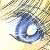 A pixelated blue and white circular icon with a central white highlight, set against a blurred background of beige and brown tones.