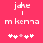 Pixelated text 'jake + mikenna' on bright pink background with five heart symbols below, two versions showing different heart animation states.