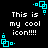 Black background with cyan square corner decorations and white pixelated text reading "This is my cool icon!!!!" in four repeated sections.