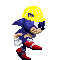 Pixelated Sonic the Hedgehog character in yellow hard hat, red shoes, white gloves, blue fur, running pose with motion blur effects on limbs.