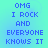 Blue pixelated text on a cyan-to-green gradient background, repeating "OMG I ROCK AND EVERYONE KNOWS IT" in four identical