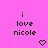 Pixelated text 'i love nicole' on bright pink background with two heart symbols below, one static and one animated.