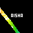 A rainbow-colored diagonal line with white star-like shapes and the text 'AISHA' appears in three different positions against a black background.