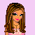 Pixel art character with long brown hair, pink top, denim skirt, and blue handbags on light purple background.