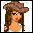 Pixel art contact sheet showing a country-themed female character with multiple expressions, outfits, and text label across six frames.