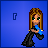 Pixelated character with long brown hair and green eyes holds blue object against solid blue background.