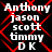 Static image with white text listing names over a black background with red geometric patterns.