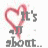 A heart-shaped outline with layered text variations including 'It's all about...', 'ME' in gray, green, pink, and yellow overlays.