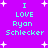 Pixelated text on a purple background with white stars, displaying "I LOVE Ryon Schlecker" in cyan letters across two identical sections.