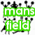 Animated icon with black silhouettes of people in various poses, green text reading 'mans field', cyan text reading 'Hor nets', and blue '#1' on a white background.
