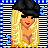 Animated contact sheet of a pixel-art character with blonde hair and black cap, showing multiple frames including full-body poses, partial views, and text banners on blue backgrounds.