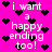 Pixelated pink background with scattered black hearts and repeated white text reading "i want a happy ending too!" in multiple