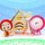 Pixelated cartoon scene with a red-haired figure, a house, and a pink circular object against a blue sky and green ground.