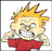 Pixelated cartoon character with spiky yellow hair, red shirt, and exaggerated facial expression on white background.