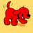 Red cartoon dog with black nose and open mouth on yellow background, next to cyan with green text "Bark Bark gimme a biskit!" in pixelated font