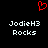 Red pixelated heart symbol above two identical white text blocks reading "JodieH3 Rocks" on black background.