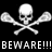 Pixelated black-and-white icon with two skulls and crossed lacrosse sticks, featuring text reading "BEWARE!!! WE COMIN !!!" and partial text "A DAM LAX 0B".