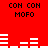 Red background with black text 'CON CON MOFO' repeated four times and white horizontal bar graphs in two